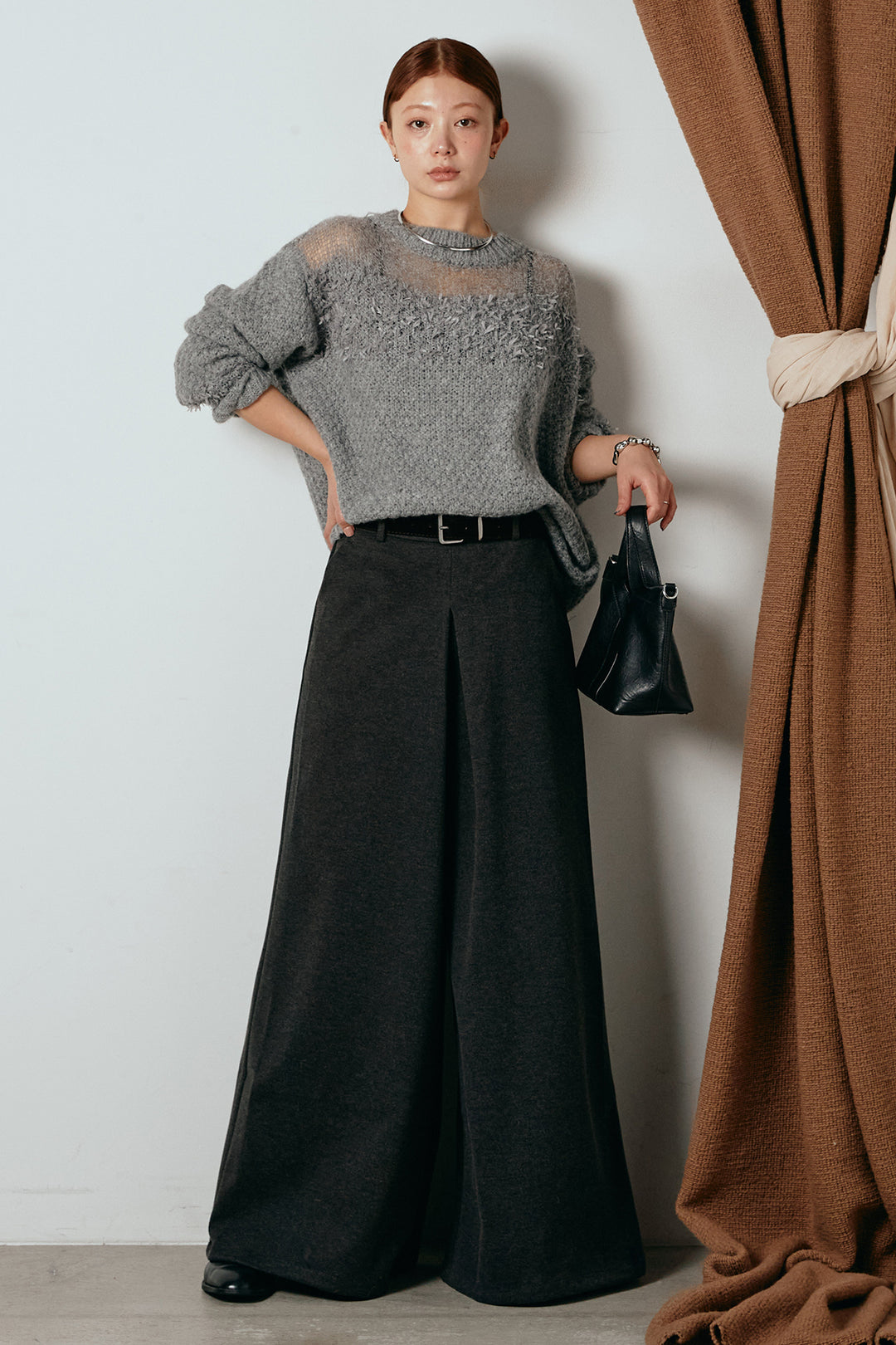 [SET]パターンランダム編みニットトップス+ベルト付きフロントタックデザインパンツ(2set)