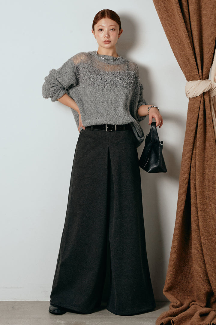 [SET]パターンランダム編みニットトップス+ベルト付きフロントタックデザインパンツ(2set)