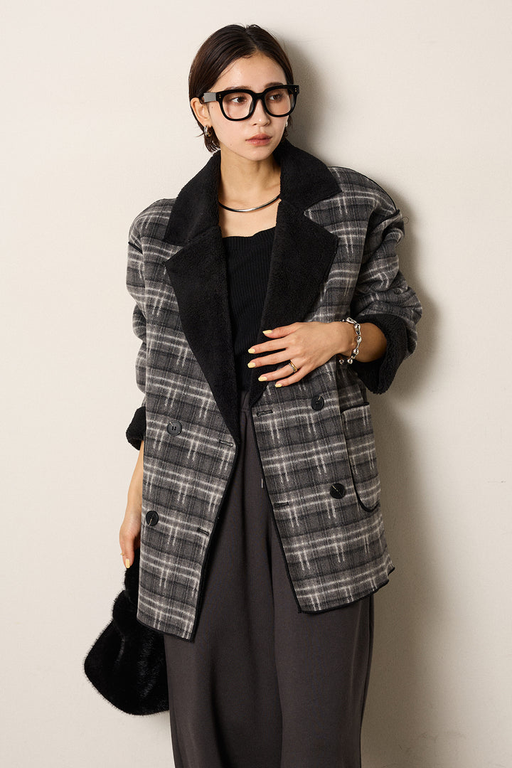 [SET]裏地ボアタータンチェック柄ミディアムコート+裏起毛スウェットワイドパンツ(2set)