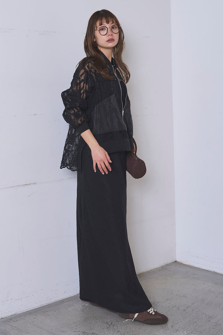 [SET]ノーカラーレースブルゾン+リネンブレンドロングナロースカート(2set)