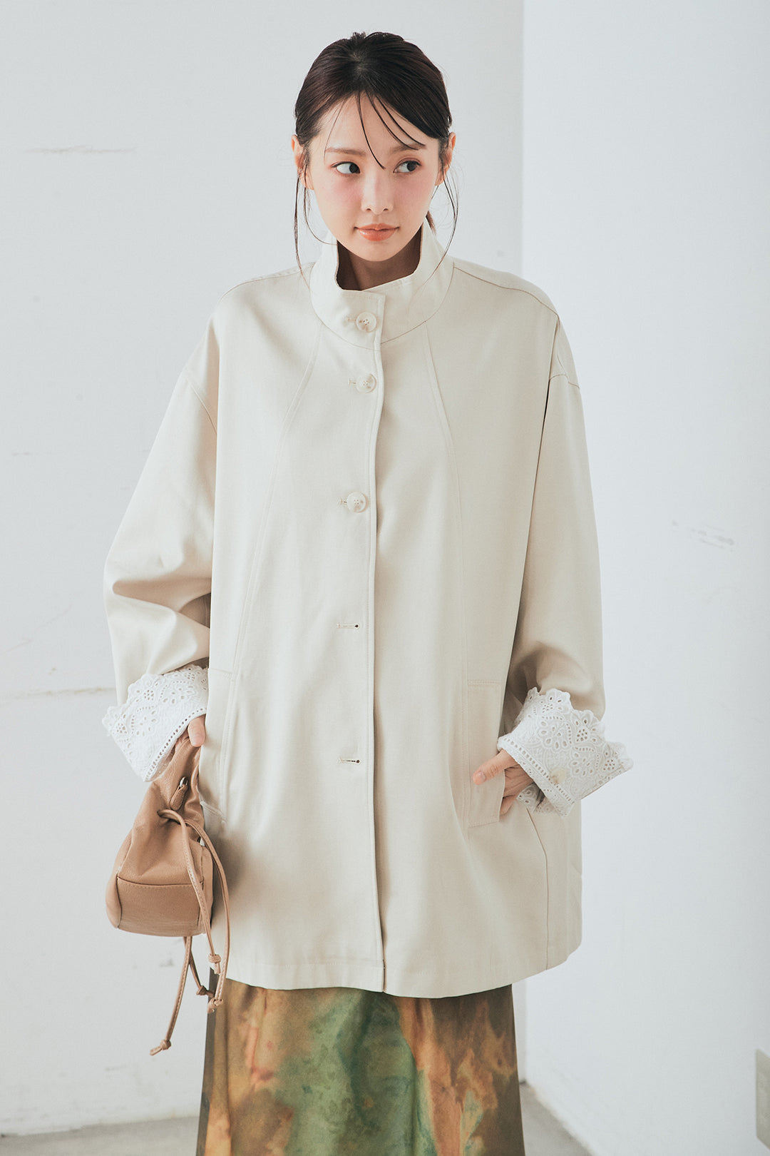 [SET]袖折り返しレースデザインアウター+ニュアンス柄サテンスカート(2set)