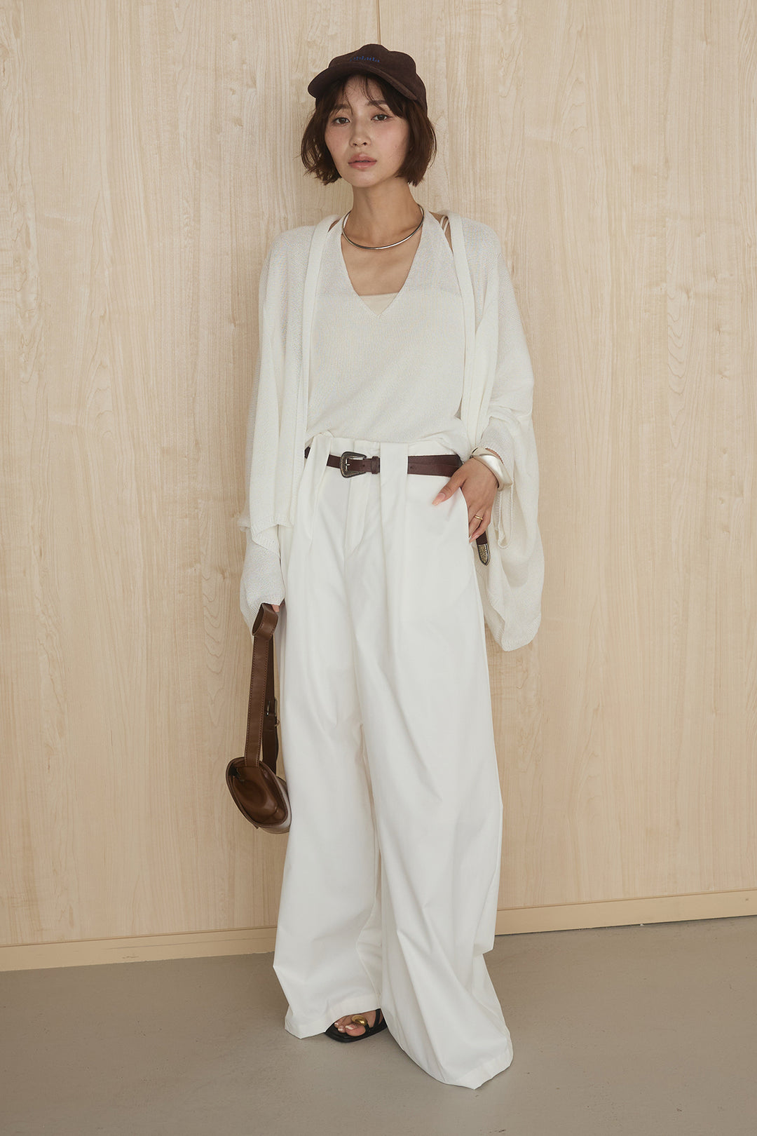 [SET]オーバードルマンカーディガン+ホルターネックインナー+ベルトループデザインハイウエストタックパンツ(3set)