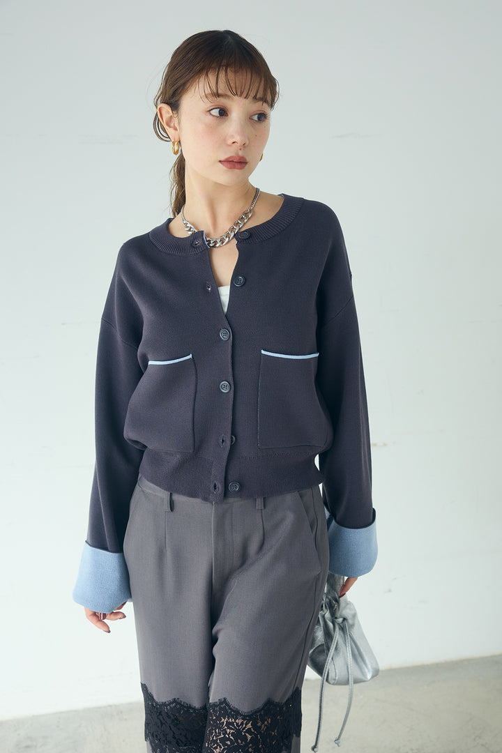 [SET]レーヨンポリダブルフェイスカーディガン+レース刺繍切替ワイドパンツ(2set)