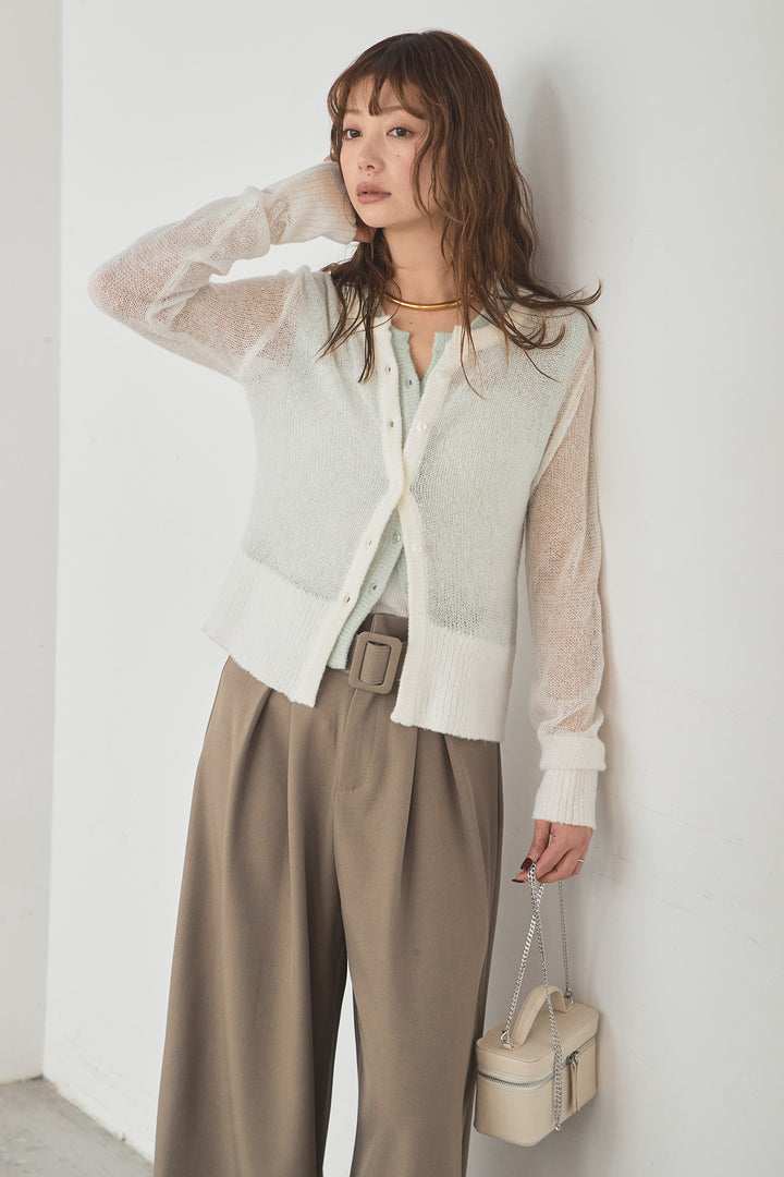 [SET]モヘア透かし編みレイヤードアンサンブルセット+ベルト付きツータックワイドパンツ(2set)