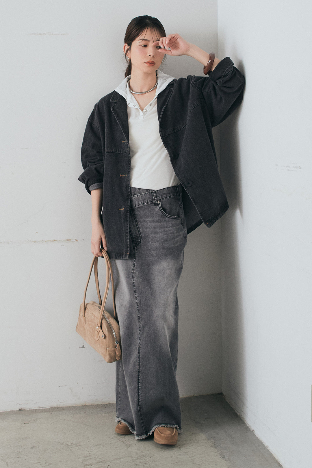 [SET]オーバーデニムジャケット+ウエストクロスデニムタイトスカート(2set)