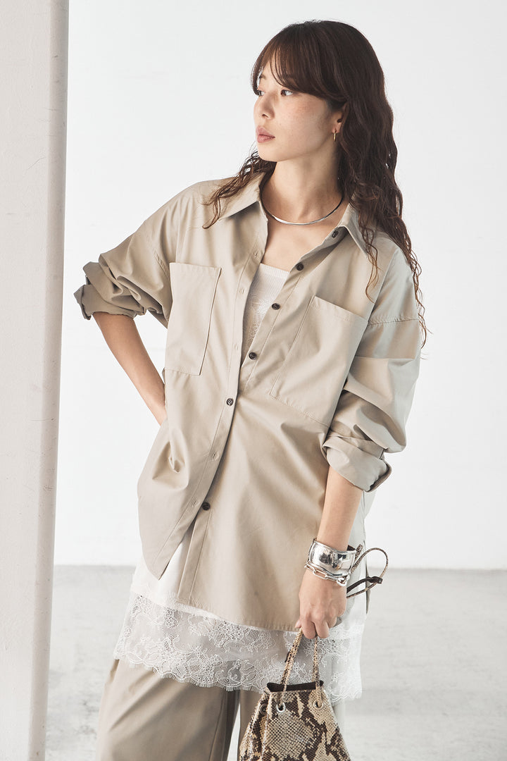 [SET]ウォッシャブルエコレザービックカフスシャツ+ウォッシャブルエコレザータックパンツ(2set)