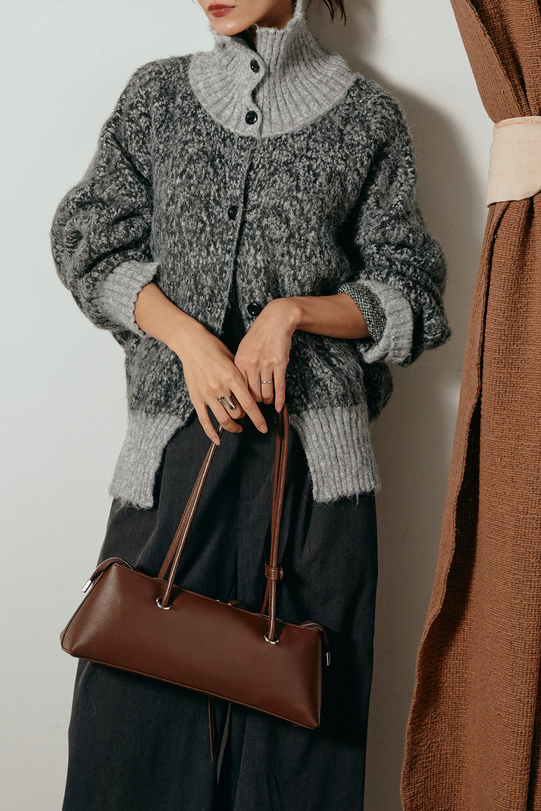 [SET]ハイネックミックスニットトップス+太ベルト付きコーデュロイタックパンツ(2set)