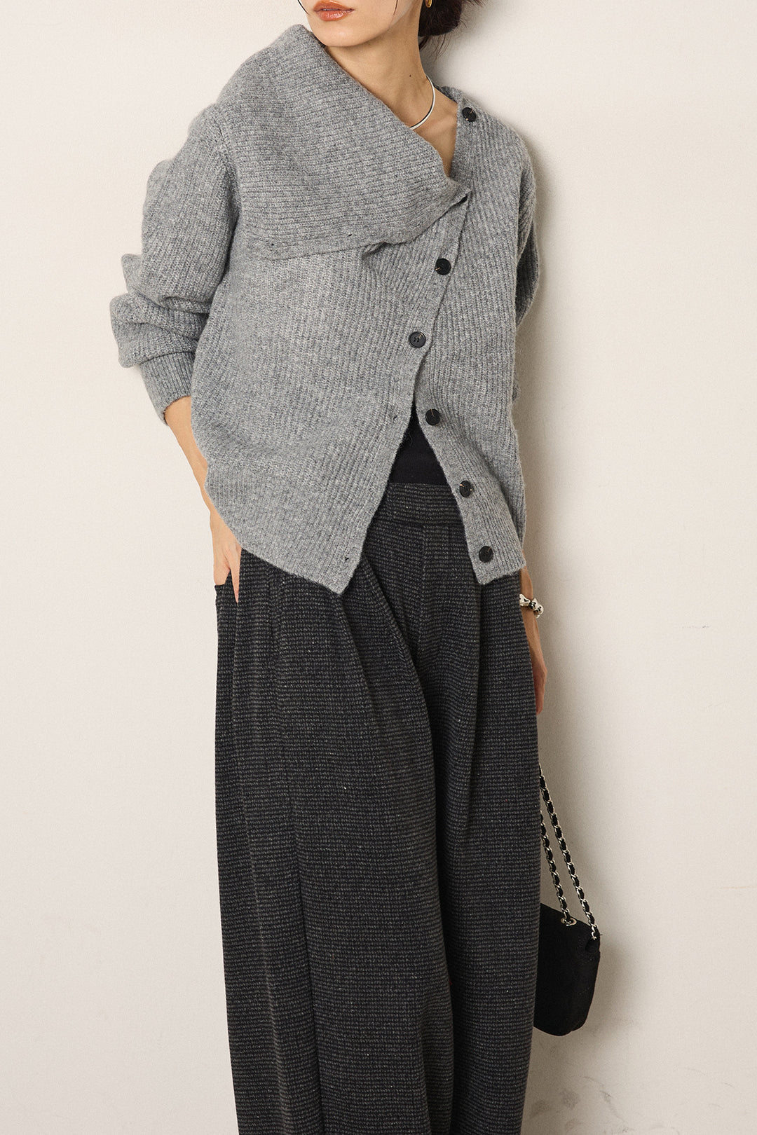 [SET]ボタンデザインネックニットプルオーバー+起毛タック入りツイードワイドパンツ(2set)