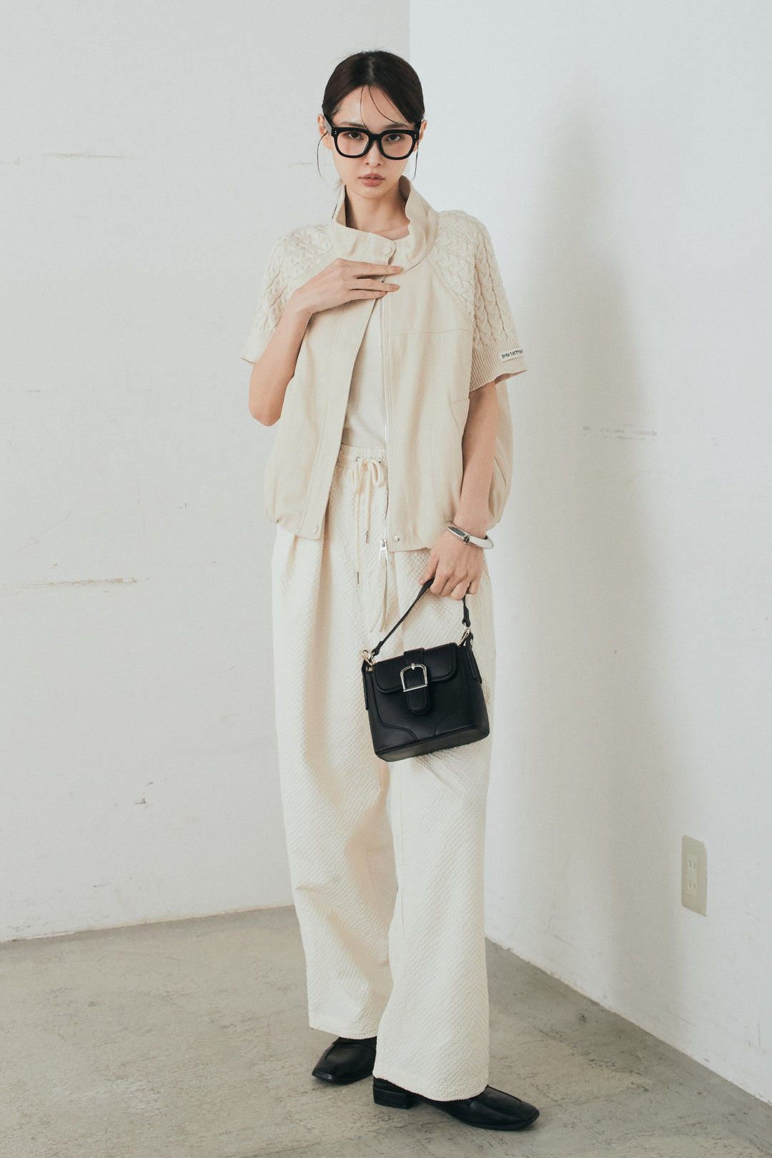 [SET]ニット切替レザーライクベスト+シアサッカーイージーパンツ(2set)