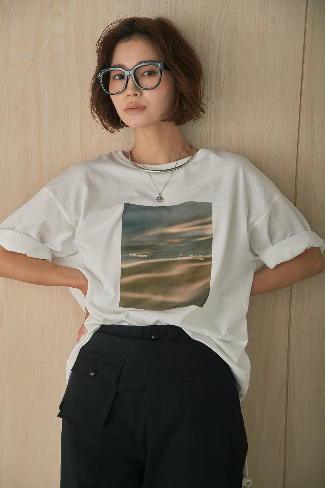 [SET]MarbleプリントTシャツ+ポケットベルト付きニーサイドタックパンツ(2set)