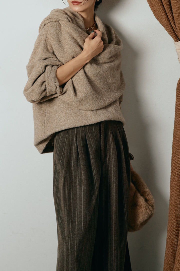 [SET]ネック巻きデザインニットトップス+タック入りマルチストライプ柄ワイドパンツ(2set)