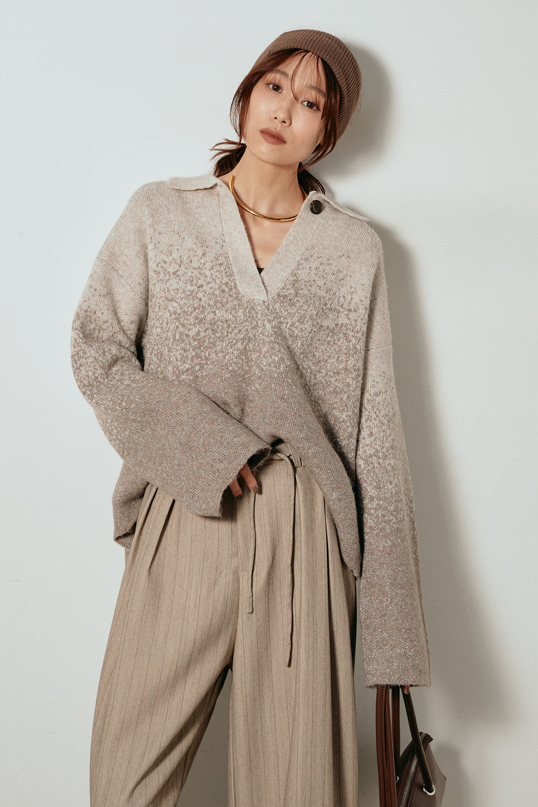 [SET]グラデーションラメニットキーネックプルオーバー+ストライプヘリンボーンパンツ(2set)