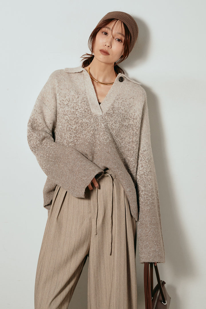 [SET]グラデーションラメニットキーネックプルオーバー+ストライプヘリンボーンパンツ(2set)