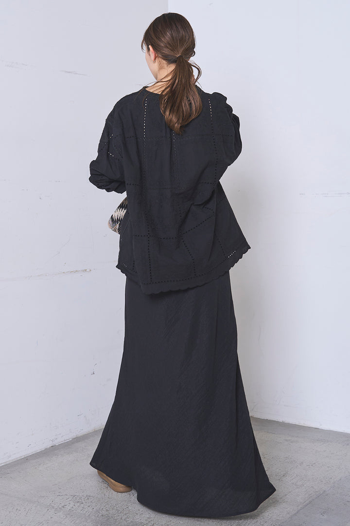 [SET]深V刺繍柄ブラウス+リネンブレンドロングナロースカート(2set)