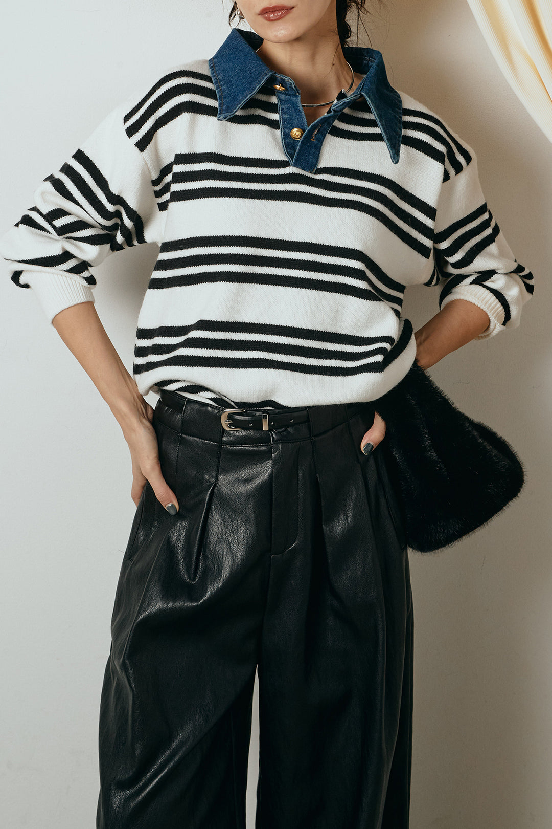 [SET]デニムレイヤード風ランダムボーダーニットプルオーバー+ベルト付きレザーライクタックパンツ(2set)