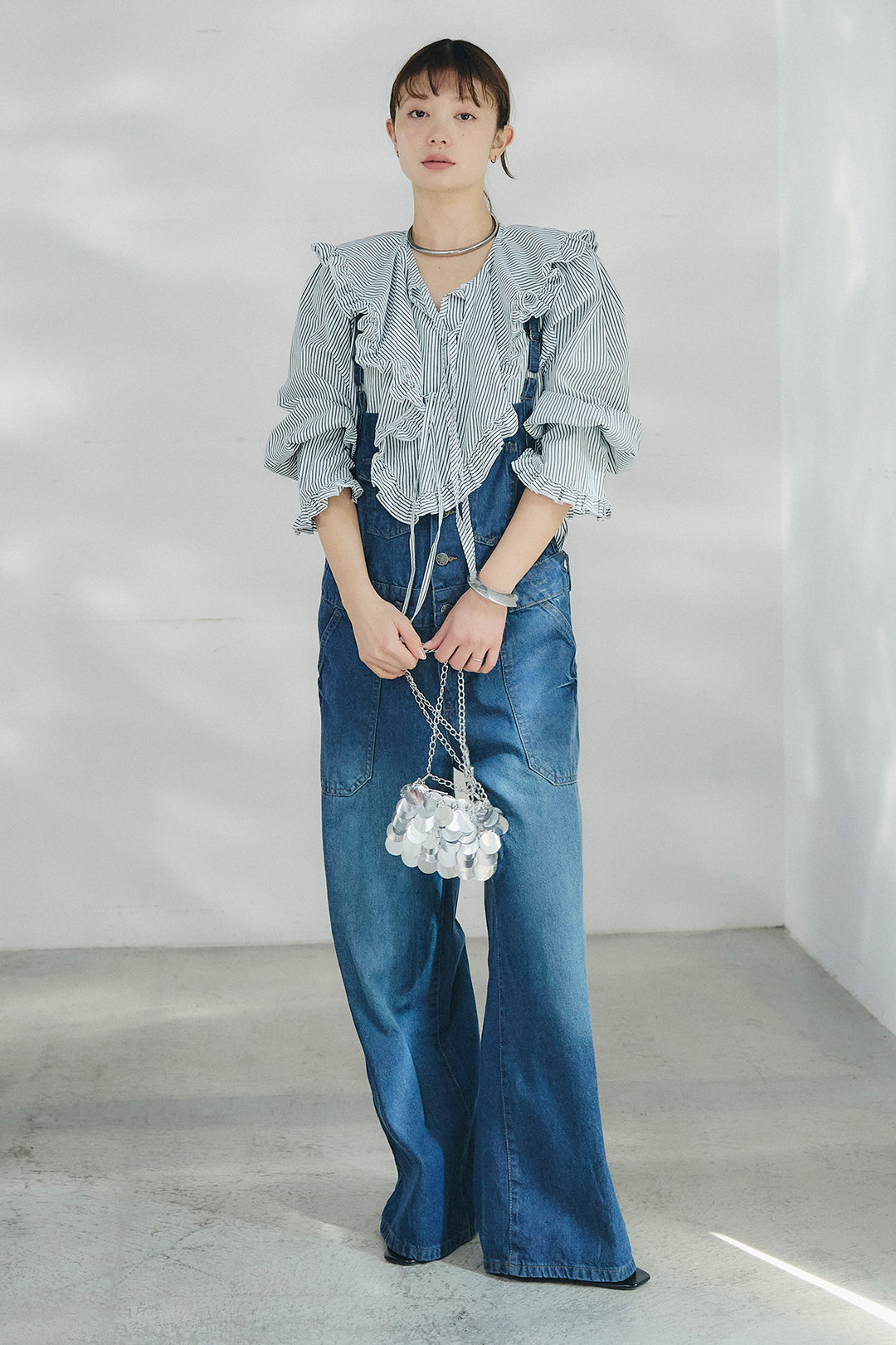 [SET]コットンフリルブラウス+デニムサロペットワイドパンツ(2set)