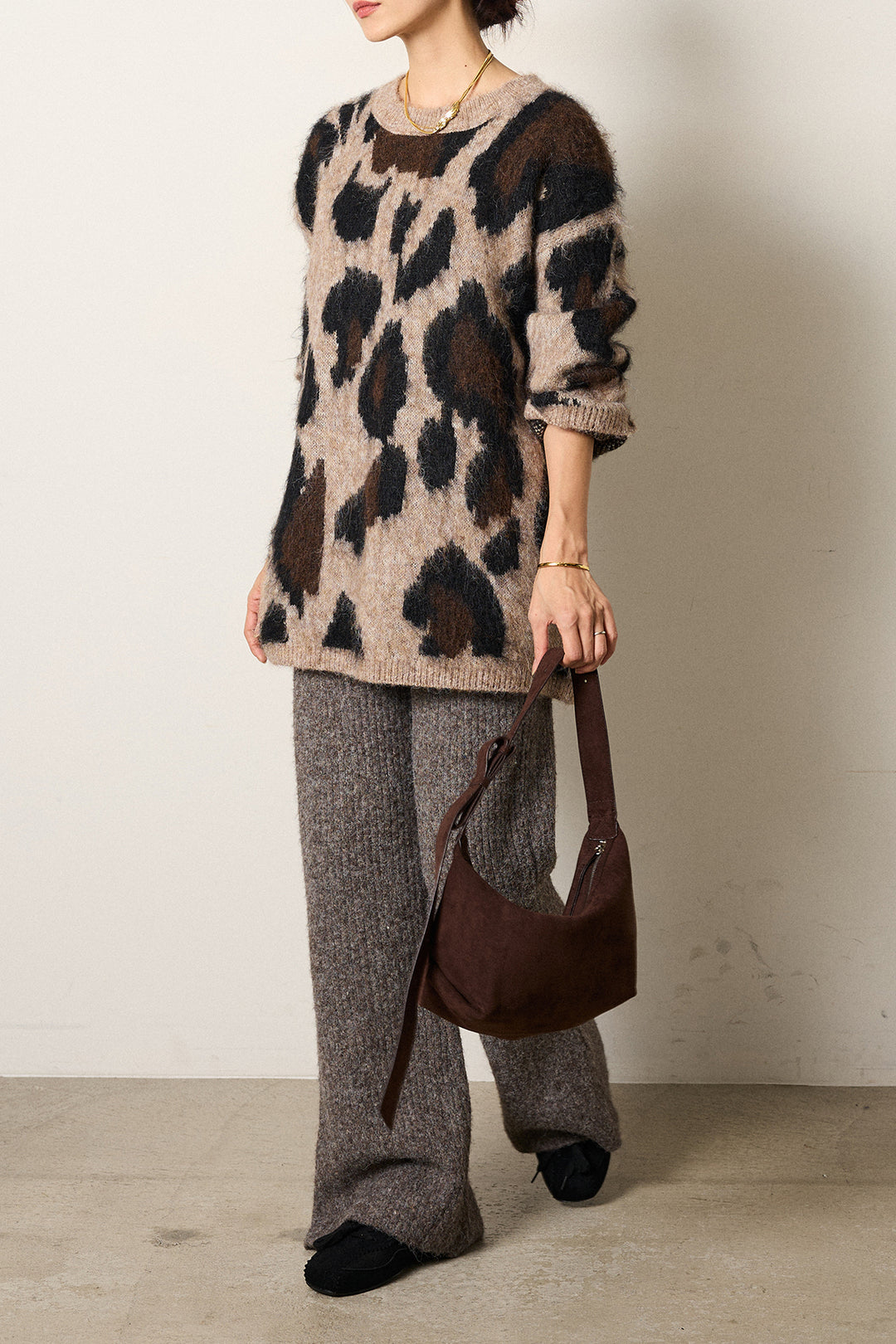 [SET]ルーズアニマルモヘアニットトップス+杢ニットリブフレアパンツ(2set)
