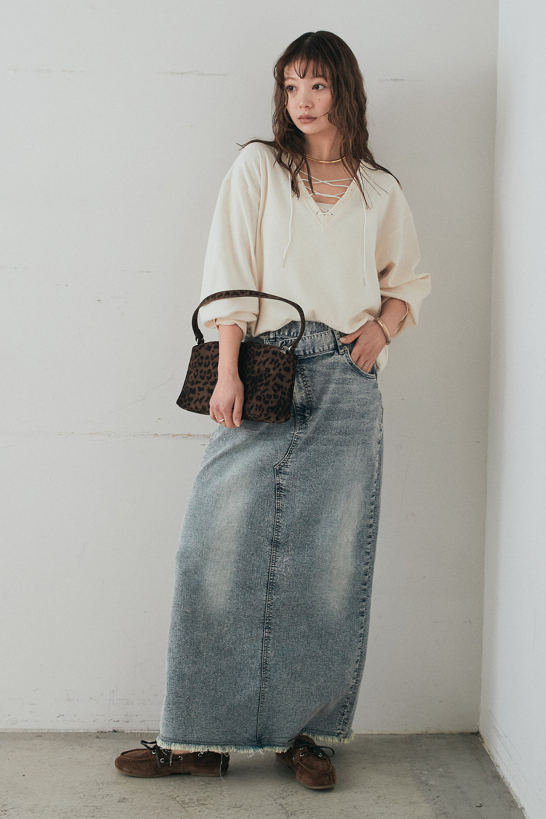 [SET]レースアップワッフルボーダートップス+ウエストクロスデニムタイトスカート(2set)