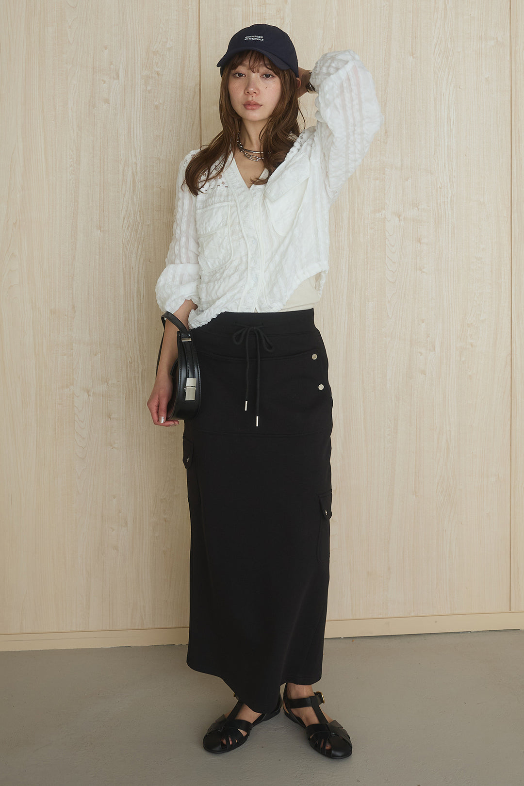 [SET]異素材切替シアーメッシュカーディガン+ドットボタン付きカットタイトスカート(2set)