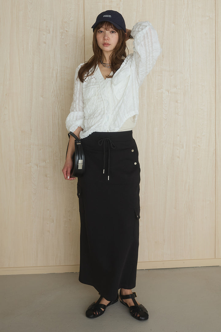 [SET]異素材切替シアーメッシュカーディガン+ドットボタン付きカットタイトスカート(2set)