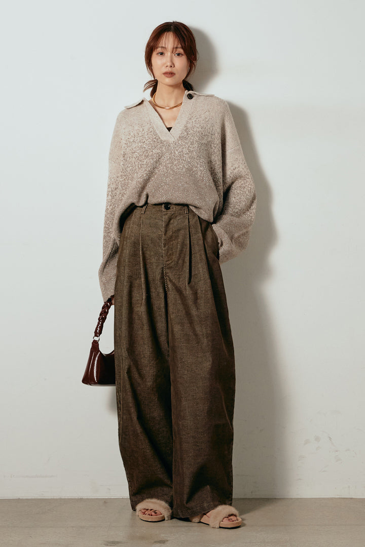[SET]グラデーションラメニットキーネックプルオーバー+フロントタック入りコーデュロイパンツ(2set)