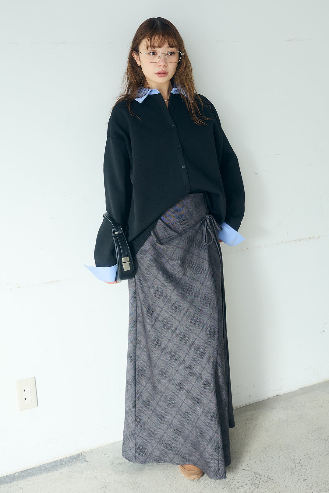 [SET]シャツレイヤード風カーディガン+タータンチェック柄フロントデザインスカート(2set)
