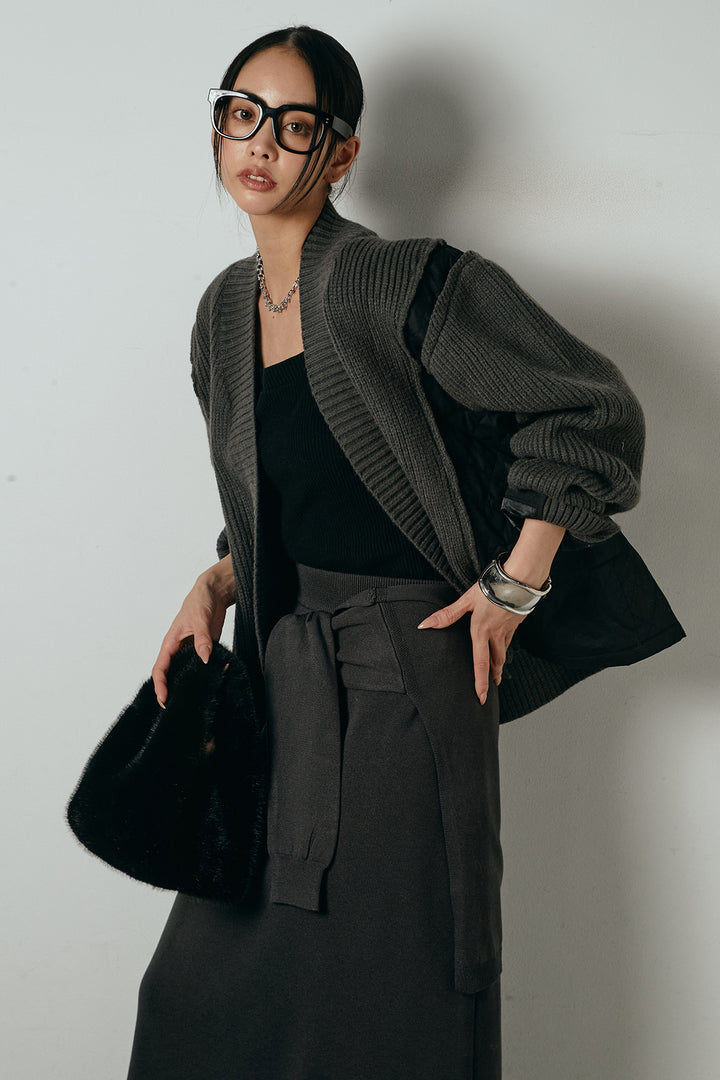 [SET]キルティング切り替えニットカーディガン+ウエストラップ巻きニットスカート(2set)