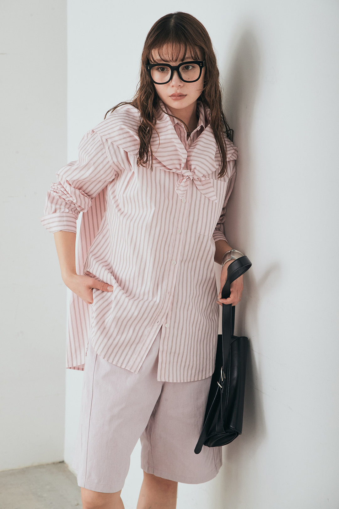 [SET]ランダムストライプスカーフ付きシャツ+デニムハーフパンツ(2set)