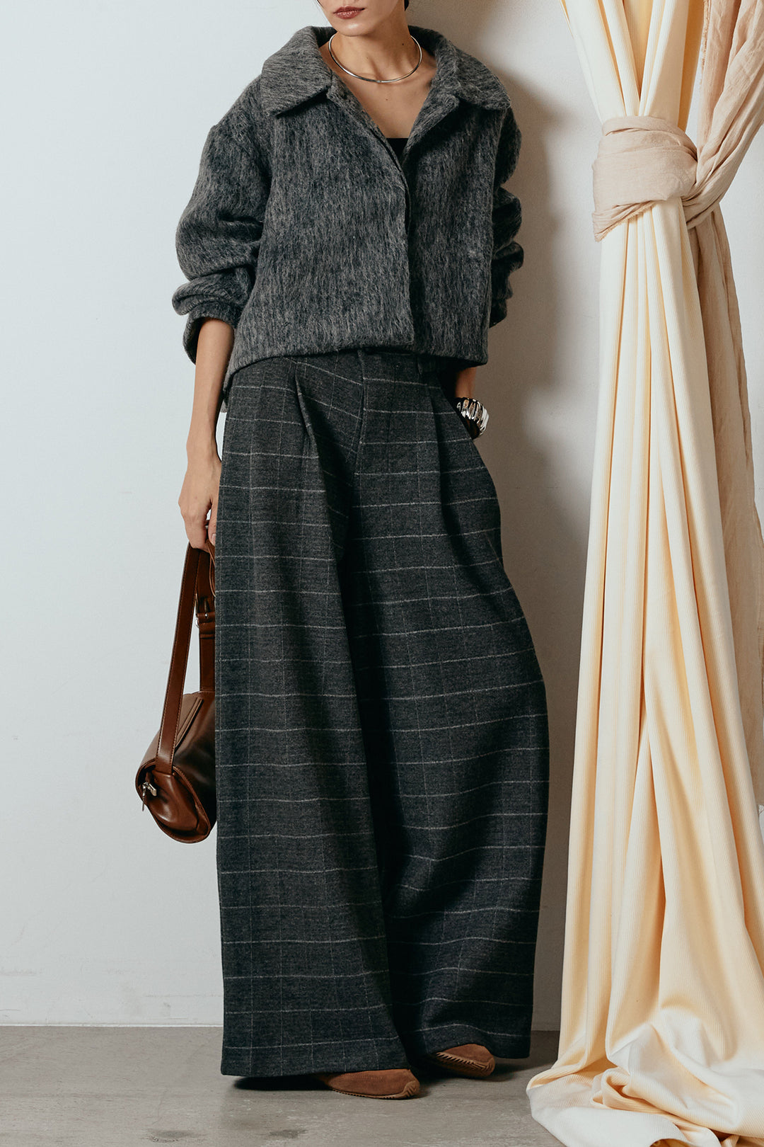 [SET]シャギーショートジャケット+スクエアチェック柄ワイドパンツ(2set)
