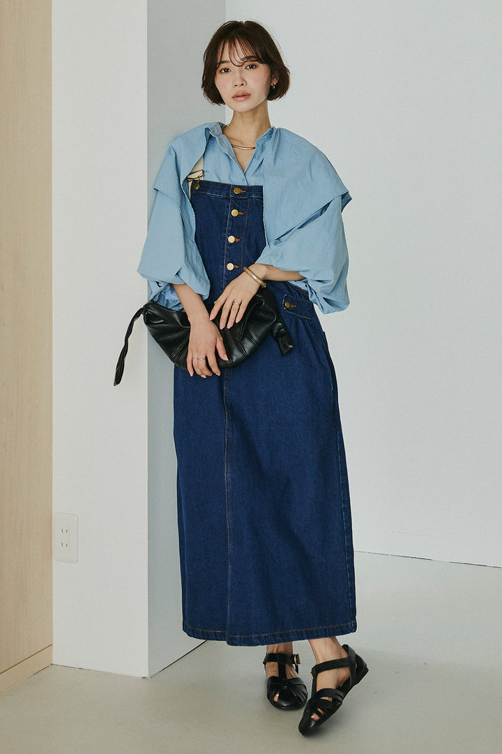 [SET]ケープカラーナイロンブラウス+配色ショルダーデニムサロペットスカート(2set)
