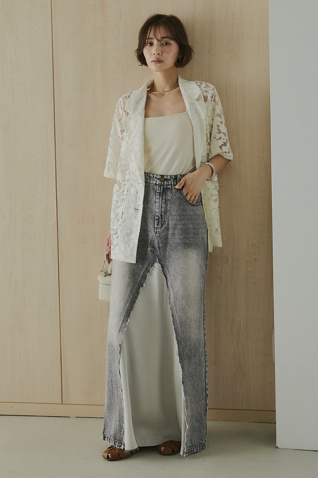 [SET]シアージャガードハーフスリーブテーラードジャケット+サテン切り替えデニムスカート(2set)