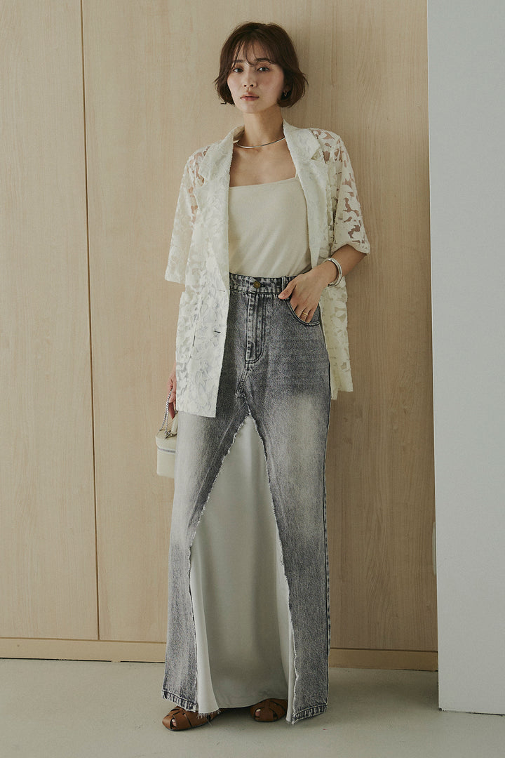 [SET]シアージャガードハーフスリーブテーラードジャケット+サテン切り替えデニムスカート(2set)