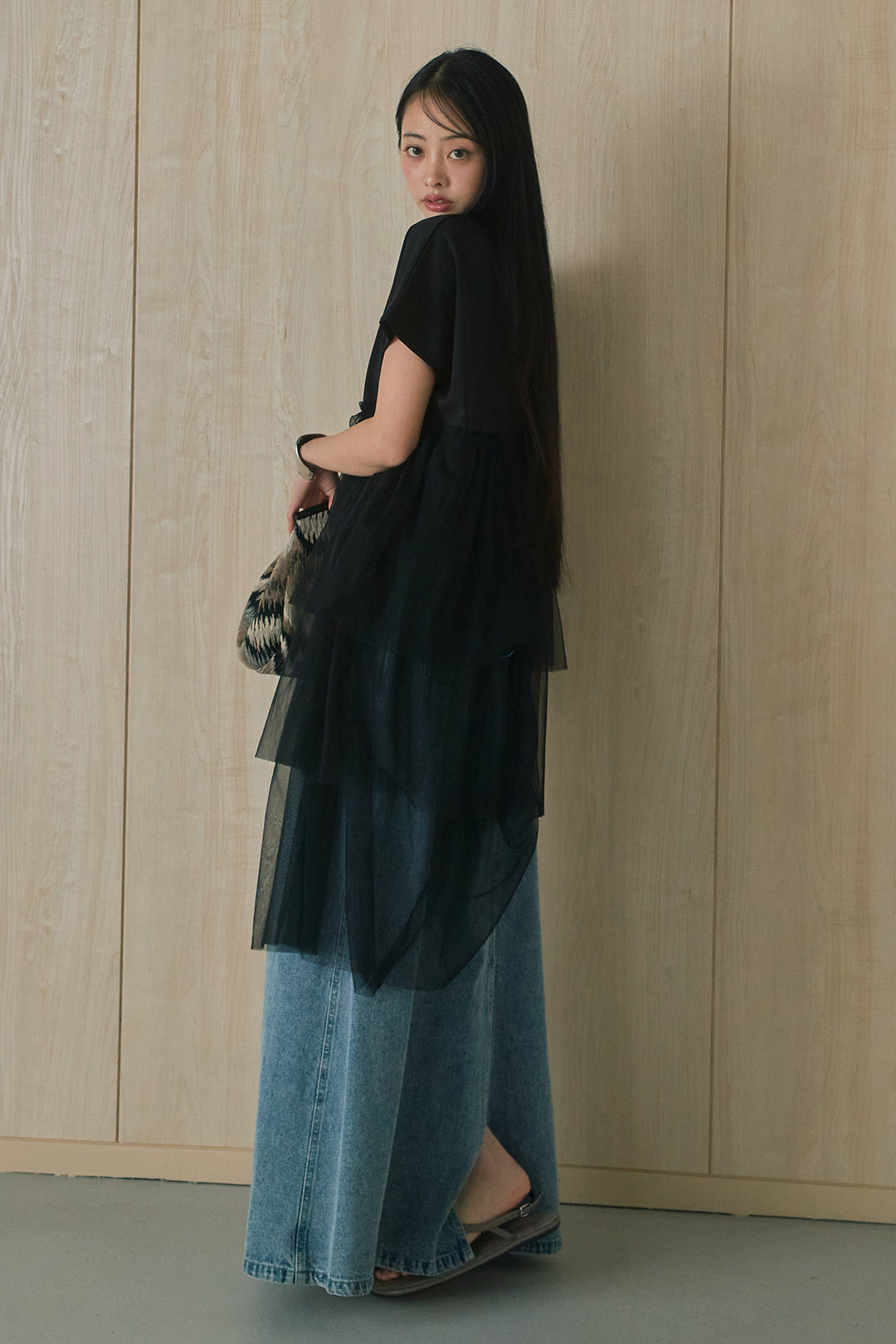 [SET]アシンメトリーチュールフリルTシャツ+デニムロングフレアスカート(2set)