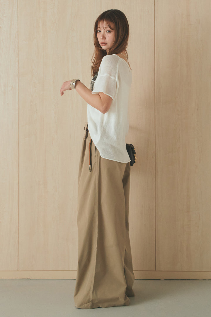 [SET]半袖モノトーングラフィックトップス+ベルトループデザインハイウエストタックパンツ(2set)