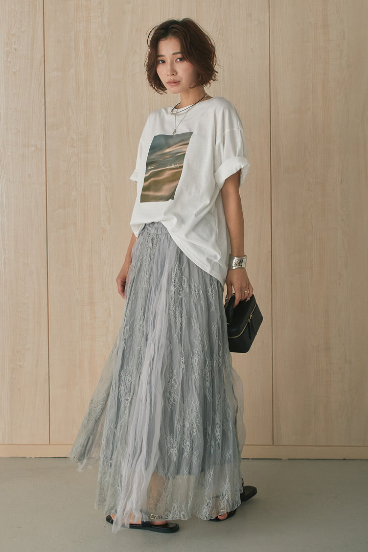 [SET]MarbleプリントTシャツ+レースコンビワッシャーギャザースカート(2set)