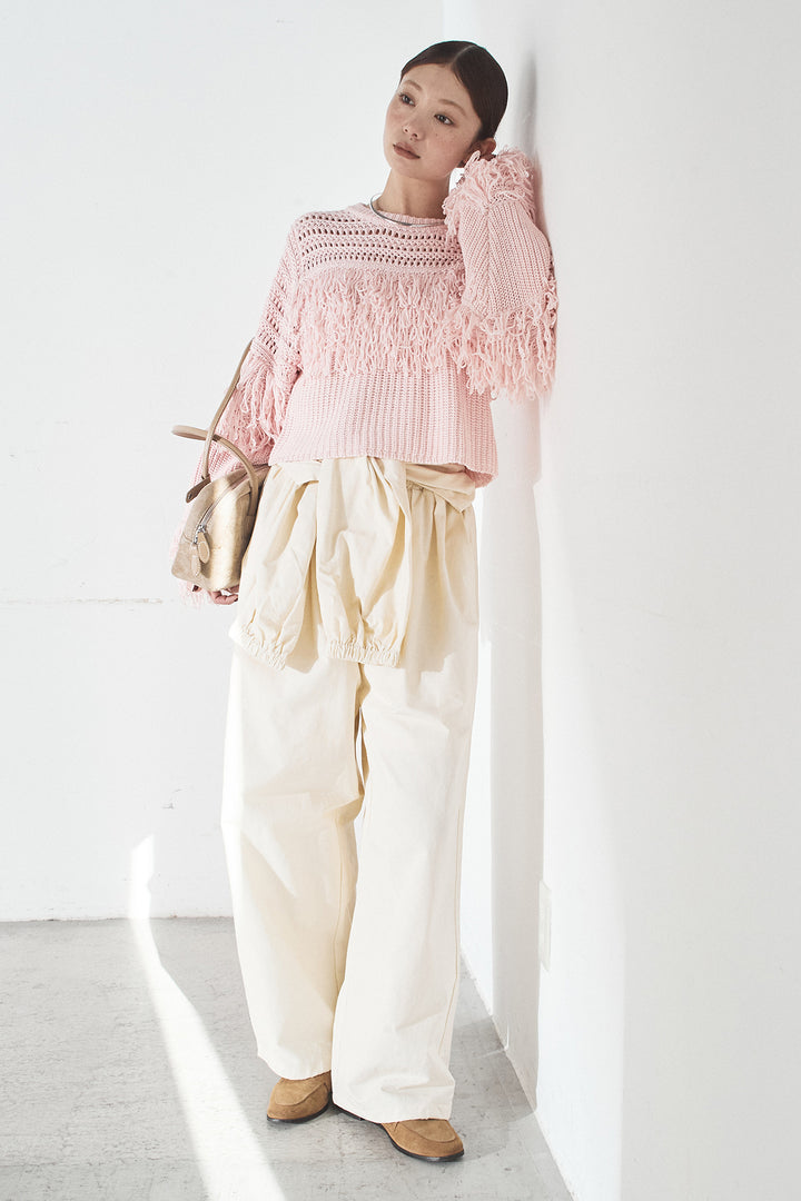 [SET]メッシュフリンジ切り替えプルオーバー+合繊ツイルスタンドウエスト巻きジョガーパンツ(2set)