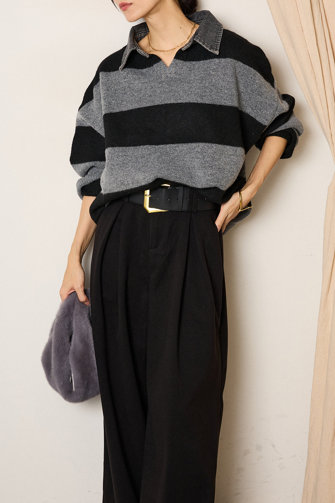 [SET]デニムカラーボーダールーズニット+ゴールドバックル太ベルト付きワイドパンツ(2set)