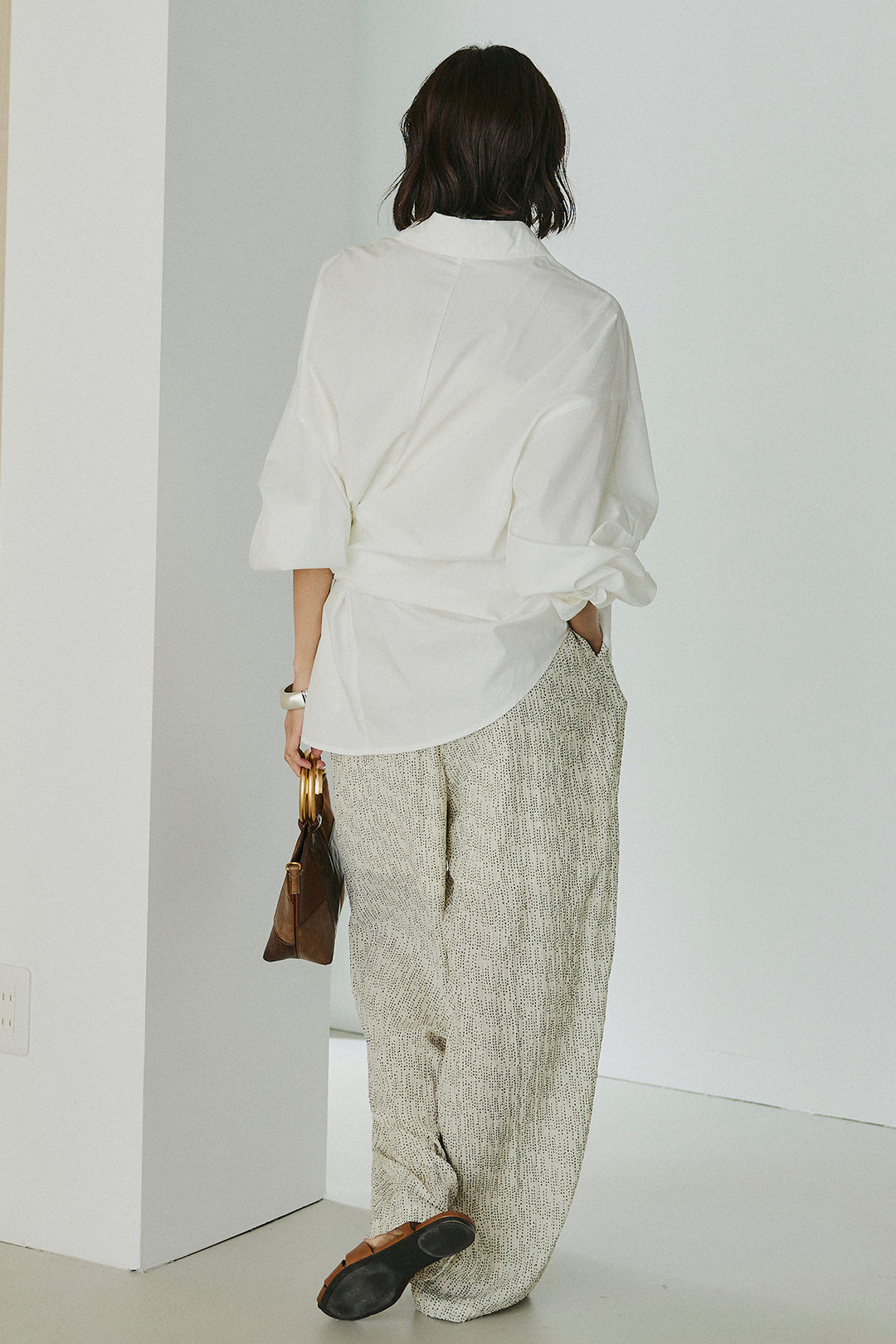 [SET]襟付き巻きデザインシャツ+シアーランダムドットラフパンツ(2set)