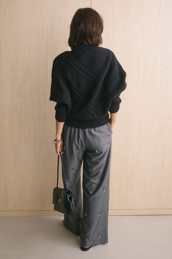 [SET]アシメカラーボタンケーブルニット+総ビーズ刺繍パンツ(2set)