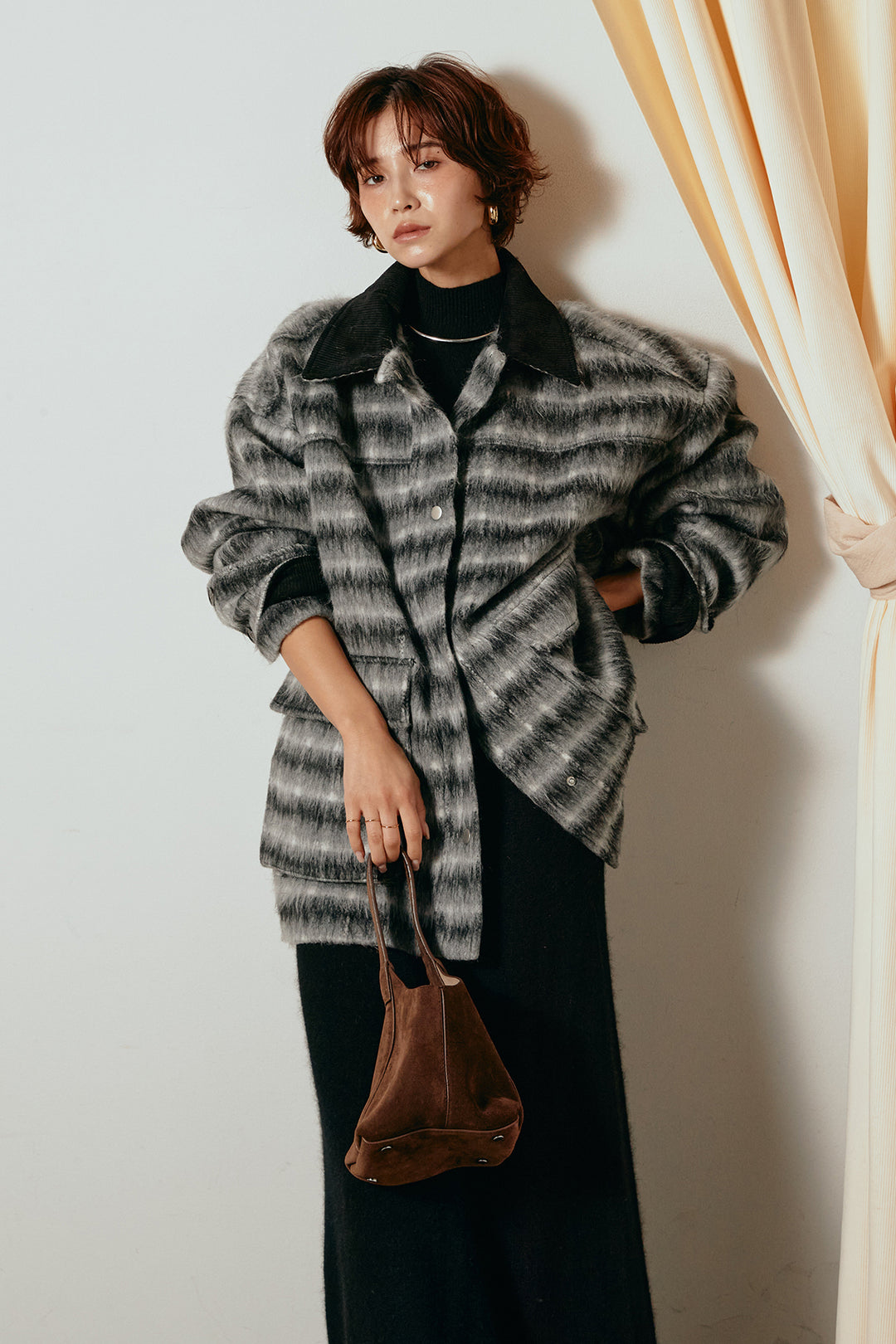 [SET]チェックシャギーミドルカバーオール+ノースリーブニットロングワンピース(2set)