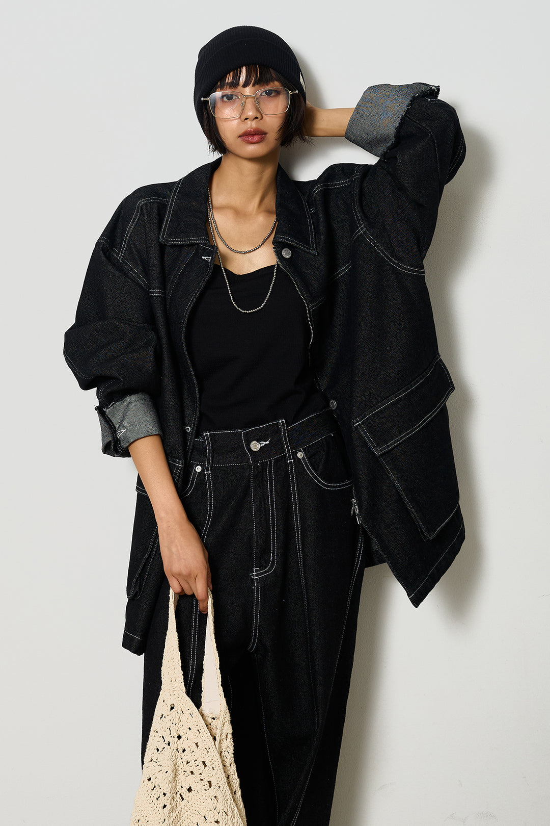 【即納】ステッチデザインデニムジップジャケット