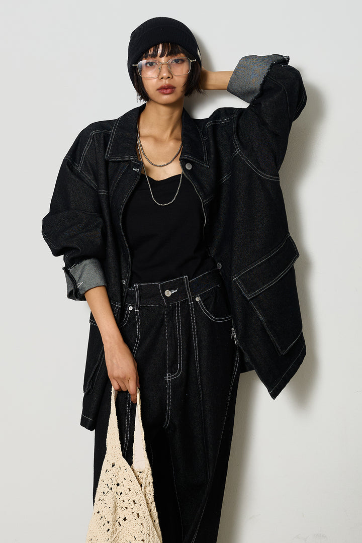 【即納】ステッチデザインデニムジップジャケット