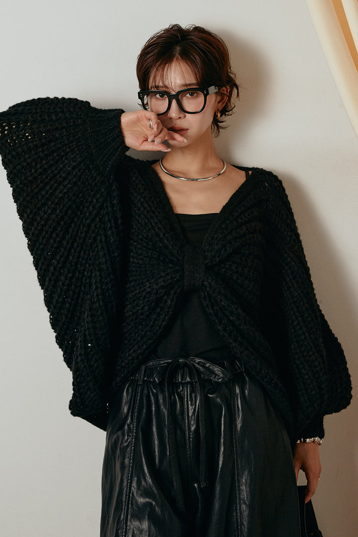 [SET]フロントツイストニット編みトップス+フェイクレザーカーブワイドパンツ(2set)