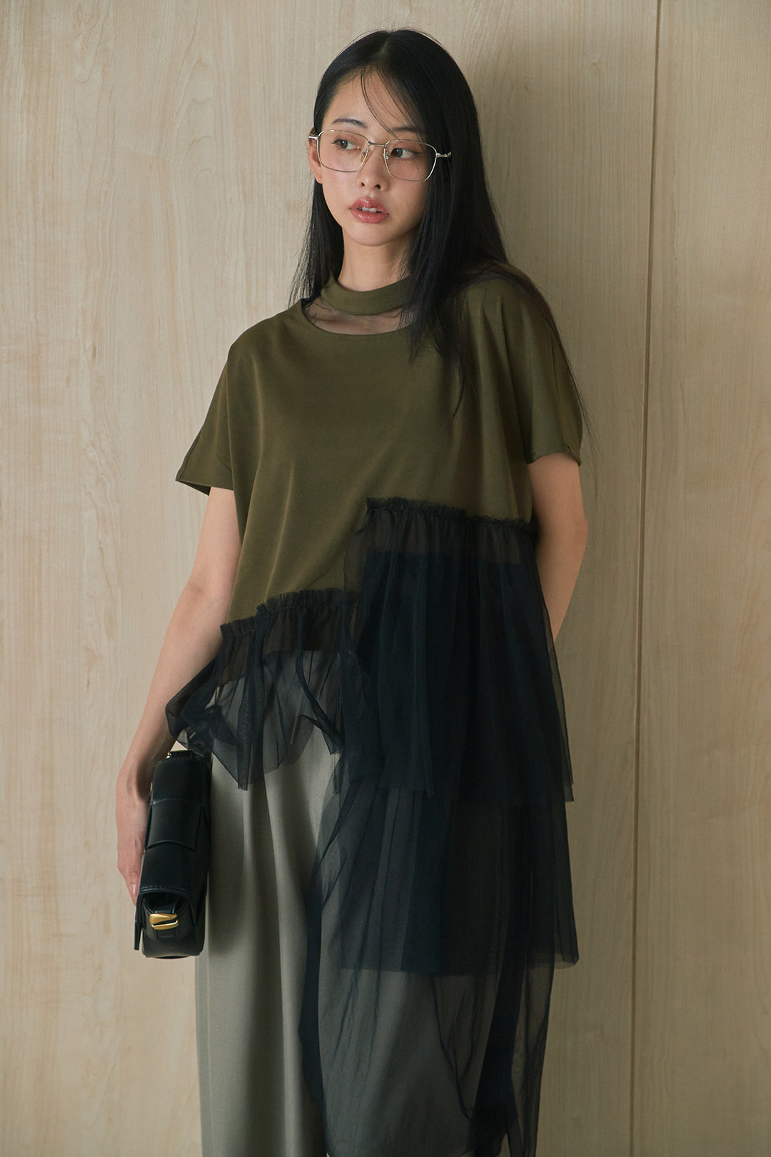[SET]アシンメトリーチュールフリルTシャツ+ウエストデザインタックワイドパンツ(2set)