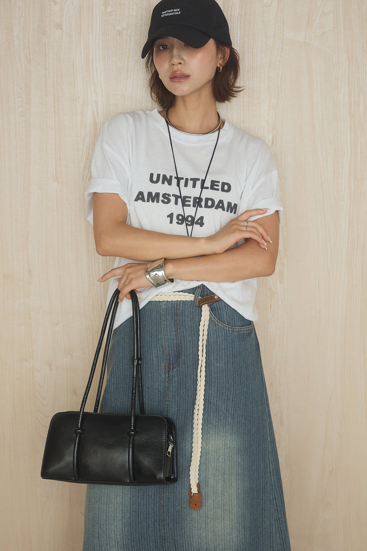 [SET]英字フロントロゴプリントTシャツ+ベルト付きデニムタイトスカート(2set)