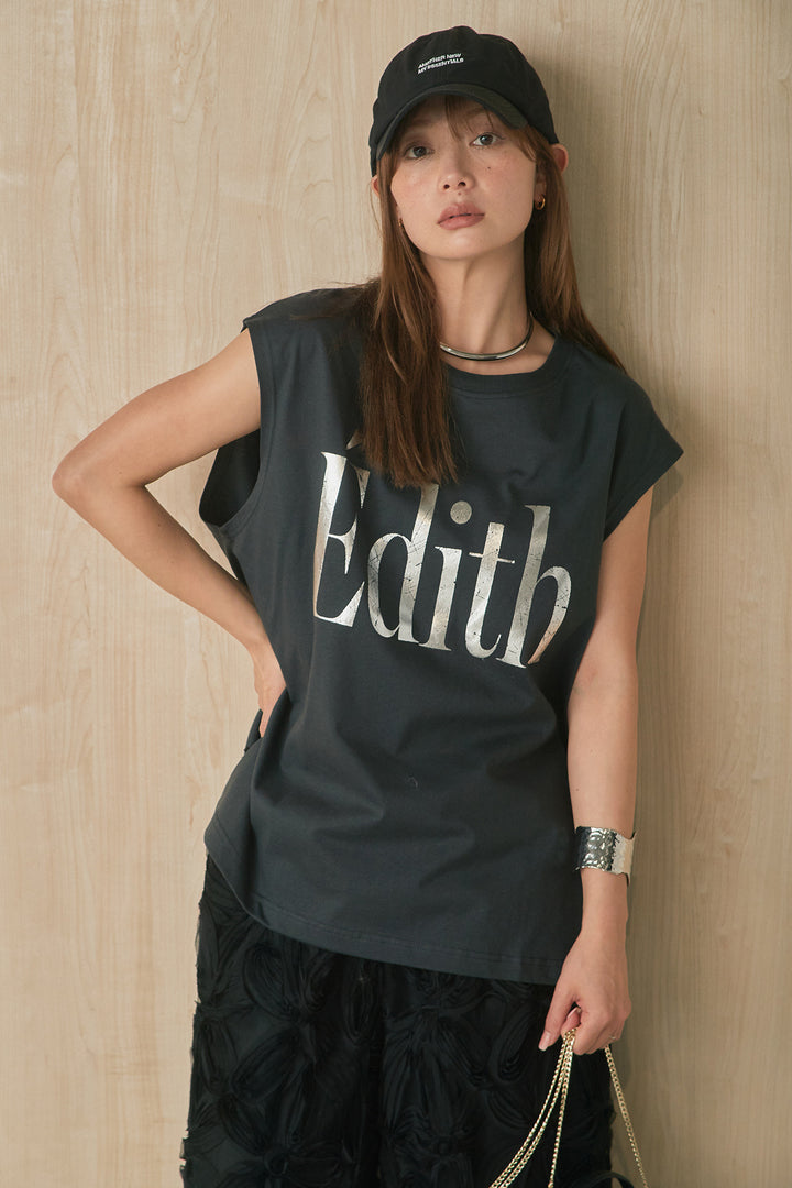 [SET]箔ロゴプリントノースリーブTシャツ+立体レースストレートパンツ(2set)