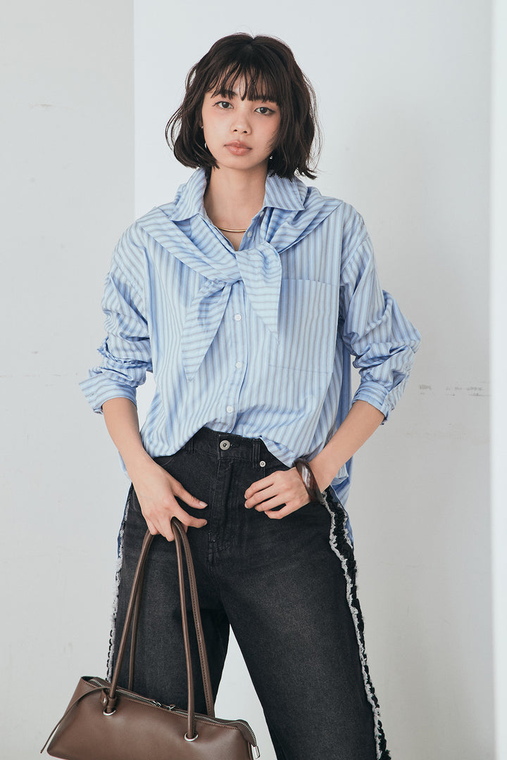 [SET]ランダムストライプスカーフ付きシャツ+デニムサイドフリルパンツ(2set)