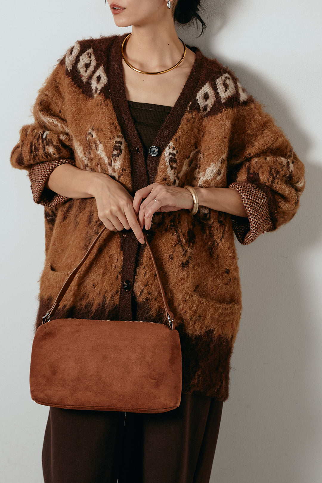 [SET]シャギーニュアンス柄ニットカーディガン+裏起毛スウェットワイドパンツ(2set)