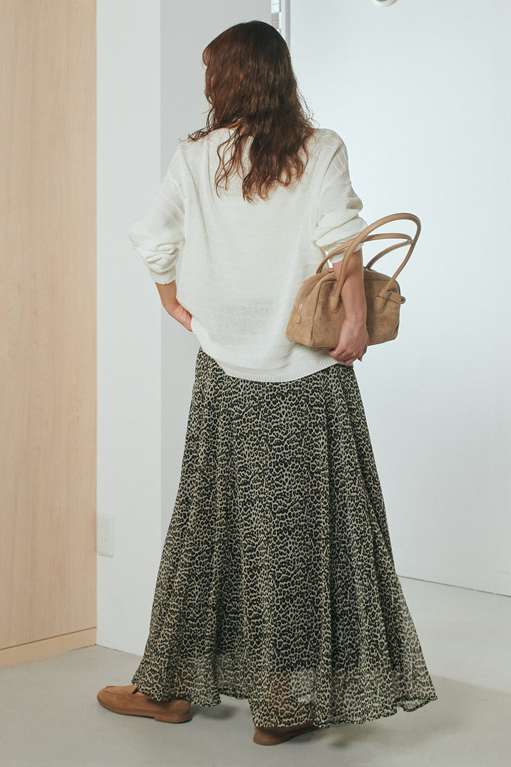 [SET]麻混リラックスニットトップス+リラックスレオパードロングスカート(2set)