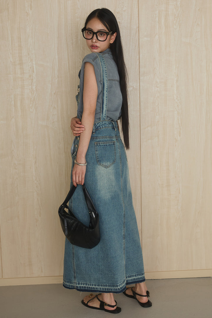 [SET]リヨセルデニムノースリシャツ+センタースリットデニムジャンスカ(2set)